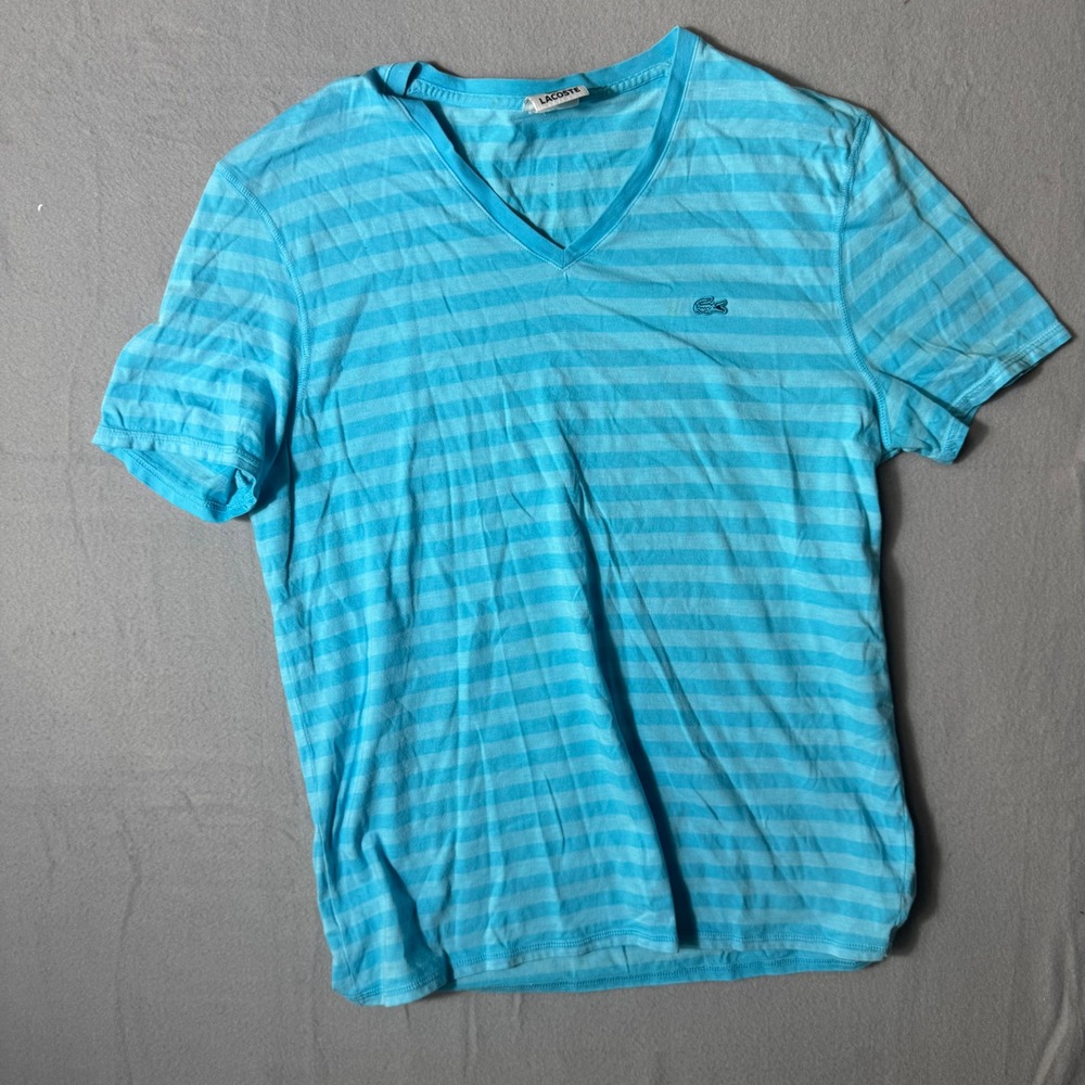 Lacoste Mens Striped V-Neck T-Shirt Turquoise Blue Size 6 XL Short Sleeve Logo